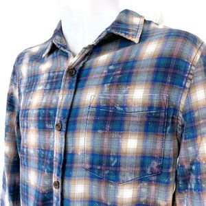 Pac Su Multicolor Blue Plaid Flannel Button Up Long Sleeve Shirt Men's Shirt